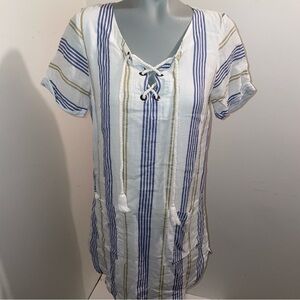 Skies Are Blue dress short sleeve  lace up White Blue Stripe cotton blend small
